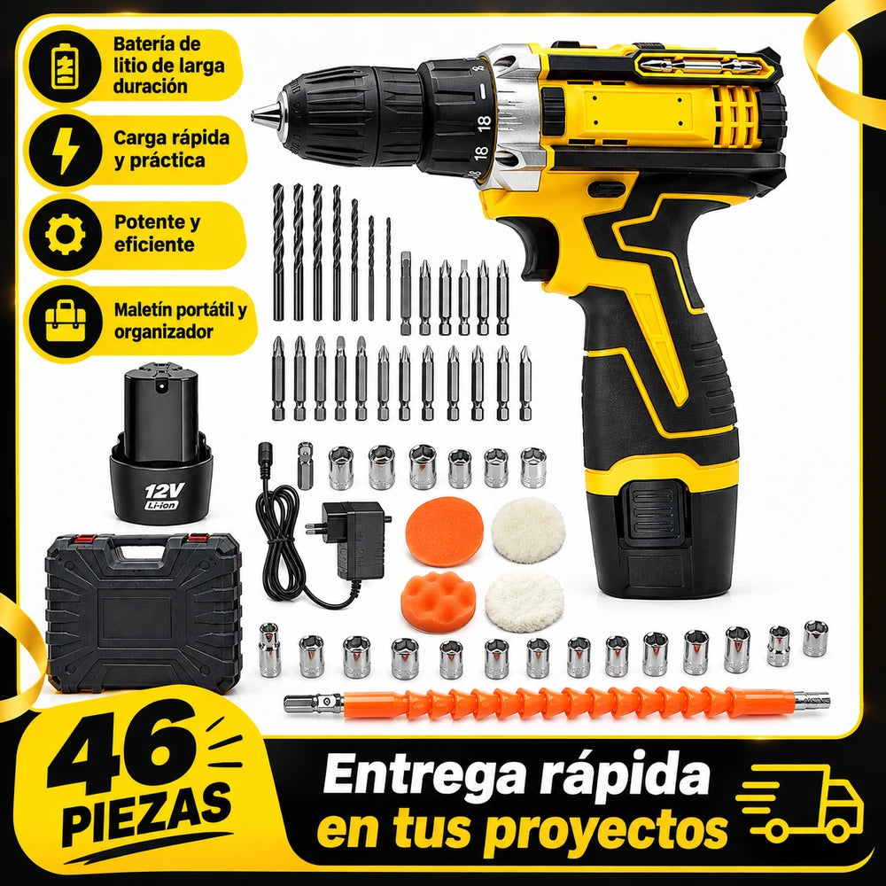 Taladro Inalámbrico + Juego de Herramientas 46 Piezas