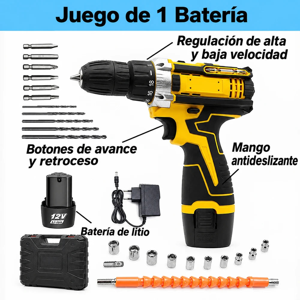 Taladro Inalámbrico + Juego de Herramientas 46 Piezas