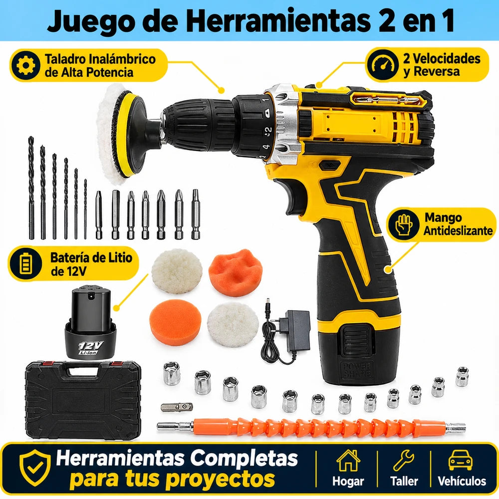 Taladro Inalámbrico + Juego de Herramientas 46 Piezas